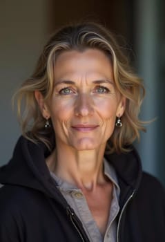 A French Caucasian woman 50 - 60 years old with loose hair and a warm smile stands in her home, radiating tranquility and confidence while dressed casually. Generative AI.