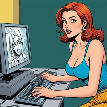 The woman is focused on her computer, skillfully typing on the keyboard as she interacts with a digital drawing displayed on her monitor, showcasing her artistic passion. Generative AI.