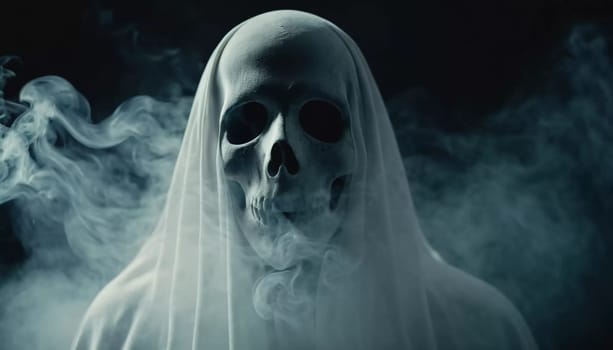 Ghostly figure looms in the dark. Swirling mist. Eerie atmosphere. Ghost drapes a flowing, translucent gown that blends into the fog, creating an unsettling visual. Feeling of fear and mystery. AI.