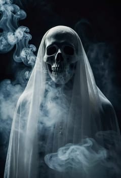 Ghostly figure looms in the dark. Swirling mist. Eerie atmosphere. Ghost drapes a flowing, translucent gown that blends into the fog, creating an unsettling visual. Feeling of fear and mystery. AI.