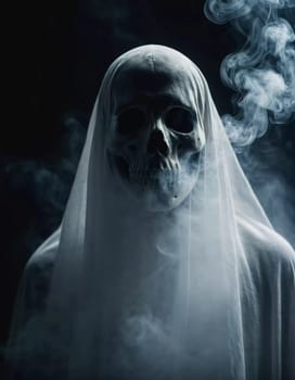 Ghostly figure looms in the dark. Swirling mist. Eerie atmosphere. Ghost drapes a flowing, translucent gown that blends into the fog, creating an unsettling visual. Feeling of fear and mystery. AI.