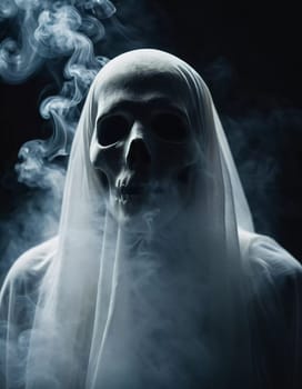 Ghostly figure looms in the dark. Swirling mist. Eerie atmosphere. Ghost drapes a flowing, translucent gown that blends into the fog, creating an unsettling visual. Feeling of fear and mystery. AI.
