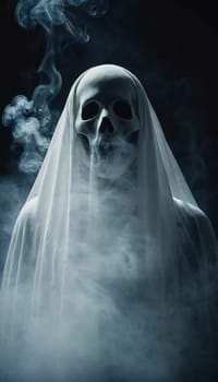 Ghostly figure looms in the dark. Swirling mist. Eerie atmosphere. Ghost drapes a flowing, translucent gown that blends into the fog, creating an unsettling visual. Feeling of fear and mystery. AI.
