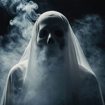 Ghostly figure looms in the dark. Swirling mist. Eerie atmosphere. Ghost drapes a flowing, translucent gown that blends into the fog, creating an unsettling visual. Feeling of fear and mystery. AI.
