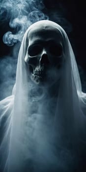 Ghostly figure looms in the dark. Swirling mist. Eerie atmosphere. Ghost drapes a flowing, translucent gown that blends into the fog, creating an unsettling visual. Feeling of fear and mystery. AI.