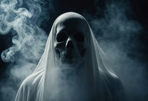 Ghostly figure looms in the dark. Swirling mist. Eerie atmosphere. Ghost drapes a flowing, translucent gown that blends into the fog, creating an unsettling visual. Feeling of fear and mystery. AI.