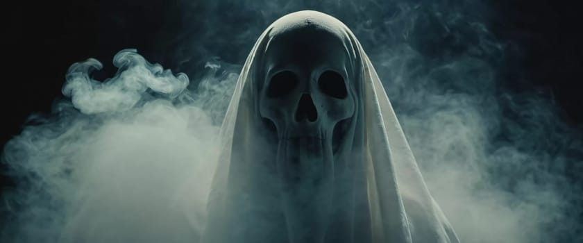 Ghostly figure looms in the dark. Swirling mist. Eerie atmosphere. Ghost drapes a flowing, translucent gown that blends into the fog, creating an unsettling visual. Feeling of fear and mystery. AI.
