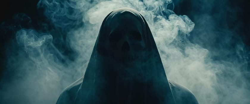 Ghostly figure looms in the dark. Swirling mist. Eerie atmosphere. Ghost drapes a flowing, translucent gown that blends into the fog, creating an unsettling visual. Feeling of fear and mystery. AI.
