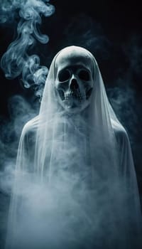 Ghostly figure looms in the dark. Swirling mist. Eerie atmosphere. Ghost drapes a flowing, translucent gown that blends into the fog, creating an unsettling visual. Feeling of fear and mystery. AI.