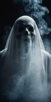 Ghostly figure looms in the dark. Swirling mist. Eerie atmosphere. Ghost drapes a flowing, translucent gown that blends into the fog, creating an unsettling visual. Feeling of fear and mystery. AI.