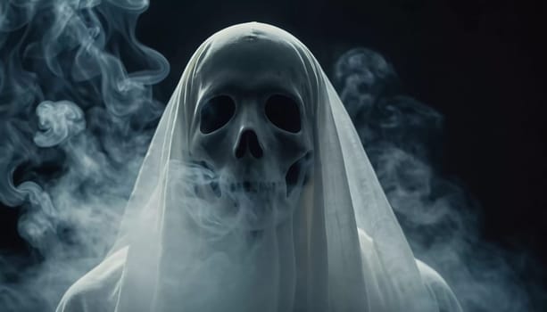 Ghostly figure looms in the dark. Swirling mist. Eerie atmosphere. Ghost drapes a flowing, translucent gown that blends into the fog, creating an unsettling visual. Feeling of fear and mystery. AI.