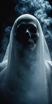 Ghostly figure looms in the dark. Swirling mist. Eerie atmosphere. Ghost drapes a flowing, translucent gown that blends into the fog, creating an unsettling visual. Feeling of fear and mystery. AI.
