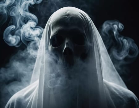 Ghostly figure looms in the dark. Swirling mist. Eerie atmosphere. Ghost drapes a flowing, translucent gown that blends into the fog, creating an unsettling visual. Feeling of fear and mystery. AI.