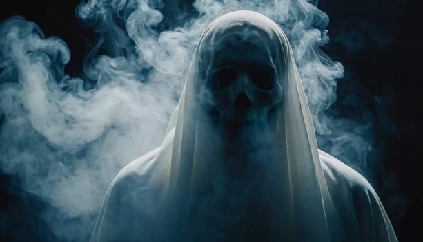 Ghostly figure looms in the dark. Swirling mist. Eerie atmosphere. Ghost drapes a flowing, translucent gown that blends into the fog, creating an unsettling visual. Feeling of fear and mystery. AI.