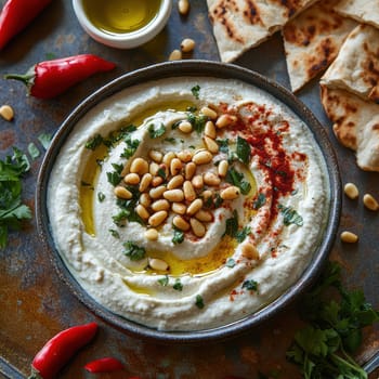 rustic style, roasted garlic hummus served in bowl topped with paprika, flat parsely and roasted pine nuts, served with pita bread, sticks, bell peppers and small bowl of olive oil professional food photography. High resolution photography, Hasselblad X2D camera --chaos 20 --style raw --stylize 300 --v 6.1 Job ID: 5dd52397-57b7-4277-9b5c-37a22dda402e