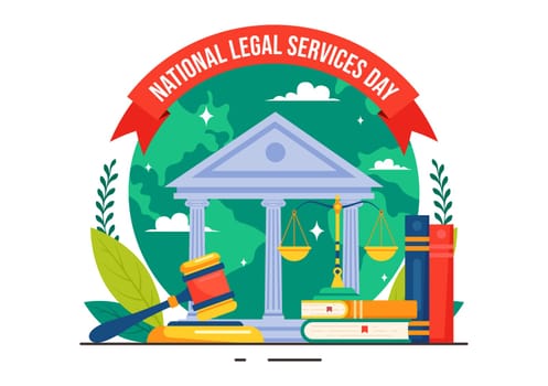 National Legal Services Day Vector Illustration featuring Scales and law books to Justice and Equal Rights for Everyone in Society in a Background
