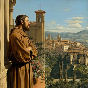 st Francis of Assisi, young man, monk, beard, brown clothing, AI generative.