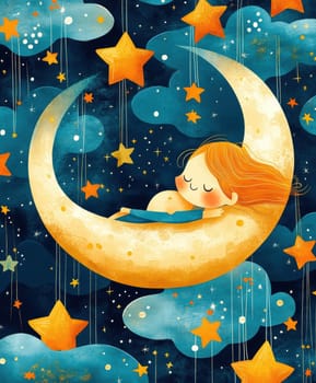 The image of the cute girl sleeping on the moon with stars suspended by thin threads . AI generative.