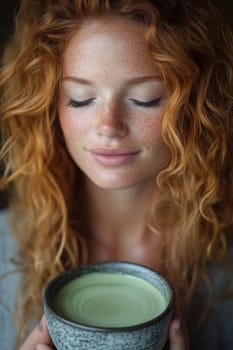 sitting smiling young woman drinking matcha tee. AI generative.