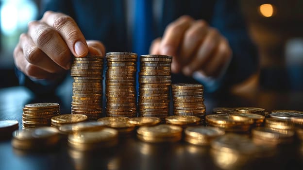A businessman in a suit and blue tie carefully arranges coins into vertical rows to form a graph, symbolizing financial growth. Set against a white background with ample copy space, this winning stock photo captures the concept of wealth-building and economic success. The table is covered with stacked gold coins, emphasizing the theme of prosperity and growth.