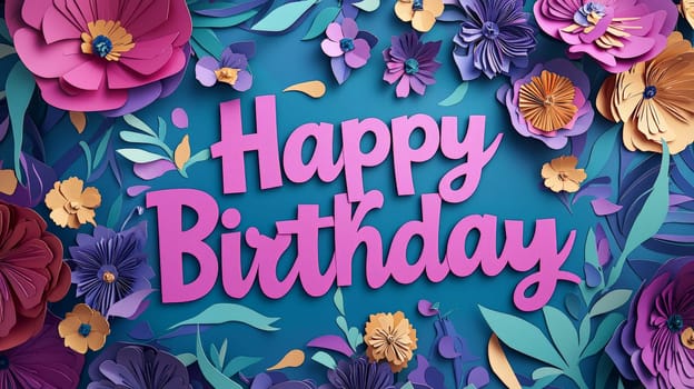 A charming 3D "Happy Birthday"" design featuring vibrant, delicate papercut flowers in powerful hues. The playful combination of bold text and intricate floral elements creates a joyful, whimsical atmosphere perfect for celebrating a special day. This design is filled with festive energy and a lively, artistic flair."