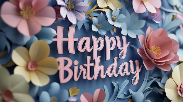 A charming 3D "Happy Birthday"" design featuring vibrant, delicate papercut flowers in powerful hues. The playful combination of bold text and intricate floral elements creates a joyful, whimsical atmosphere perfect for celebrating a special day. This design is filled with festive energy and a lively, artistic flair."