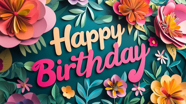 A charming 3D "Happy Birthday"" design featuring vibrant, delicate papercut flowers in powerful hues. The playful combination of bold text and intricate floral elements creates a joyful, whimsical atmosphere perfect for celebrating a special day. This design is filled with festive energy and a lively, artistic flair."