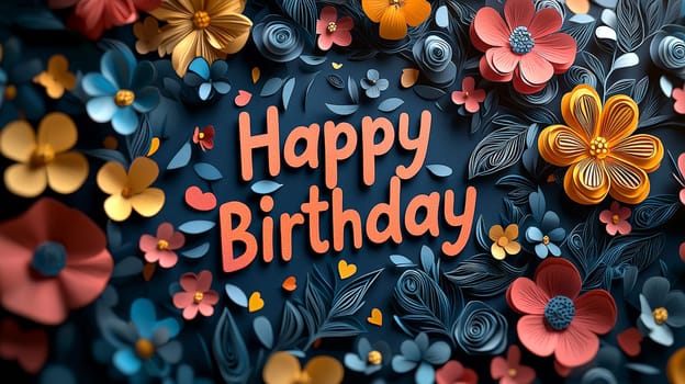 A charming 3D "Happy Birthday"" design featuring vibrant, delicate papercut flowers in powerful hues. The playful combination of bold text and intricate floral elements creates a joyful, whimsical atmosphere perfect for celebrating a special day. This design is filled with festive energy and a lively, artistic flair."