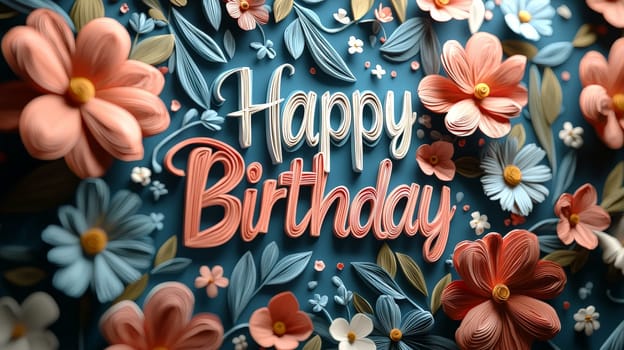 A charming 3D "Happy Birthday"" design featuring vibrant, delicate papercut flowers in powerful hues. The playful combination of bold text and intricate floral elements creates a joyful, whimsical atmosphere perfect for celebrating a special day. This design is filled with festive energy and a lively, artistic flair."