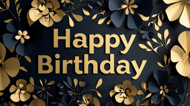 A stunning 3D "Happy Birthday"" design featuring delicate papercut flowers in luxurious gold and bold black. The vibrant text paired with intricate floral elements creates a whimsical and joyful expression, perfect for celebrating a special occasion with a touch of elegance and sophistication."