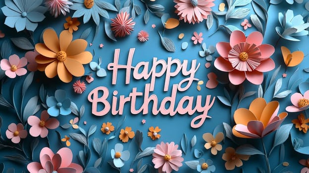 A charming 3D "Happy Birthday"" design featuring vibrant, delicate papercut flowers in powerful hues. The playful combination of bold text and intricate floral elements creates a joyful, whimsical atmosphere perfect for celebrating a special day. This design is filled with festive energy and a lively, artistic flair."