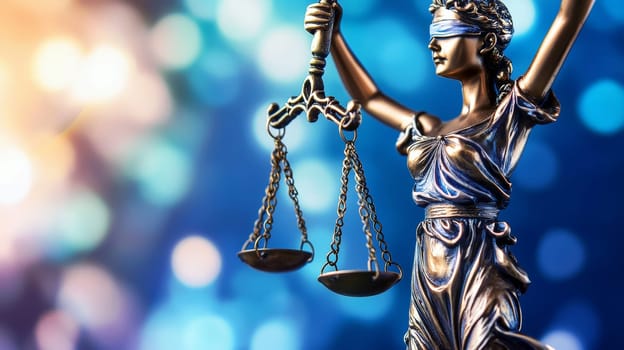 A striking image of the Lady Justice statue set against a clear blue background. The statue symbolizes fairness and law, holding scales and a sword, with the bright blue sky enhancing its powerful presence. This image captures the essence of justice in a minimalist and impactful way, reflecting the ideals of equality and impartiality.