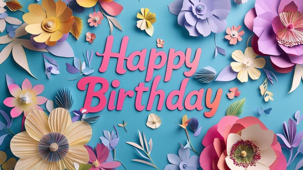 A charming 3D "Happy Birthday"" design featuring vibrant, delicate papercut flowers in powerful hues. The playful combination of bold text and intricate floral elements creates a joyful, whimsical atmosphere perfect for celebrating a special day. This design is filled with festive energy and a lively, artistic flair."