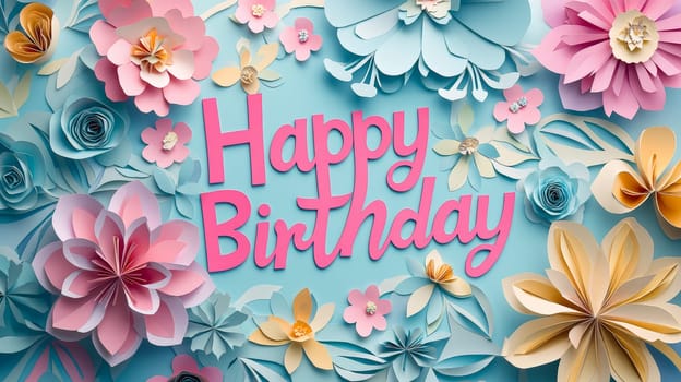 A charming 3D "Happy Birthday"" design featuring vibrant, delicate papercut flowers in powerful hues. The playful combination of bold text and intricate floral elements creates a joyful, whimsical atmosphere perfect for celebrating a special day. This design is filled with festive energy and a lively, artistic flair."