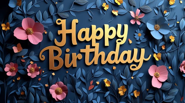 A stunning 3D "Happy Birthday"" design featuring delicate papercut flowers in luxurious gold and bold black. The vibrant text paired with intricate floral elements creates a whimsical and joyful expression, perfect for celebrating a special occasion with a touch of elegance and sophistication."