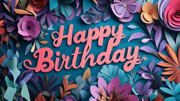 A charming 3D "Happy Birthday"" design featuring vibrant, delicate papercut flowers in powerful hues. The playful combination of bold text and intricate floral elements creates a joyful, whimsical atmosphere perfect for celebrating a special day. This design is filled with festive energy and a lively, artistic flair."