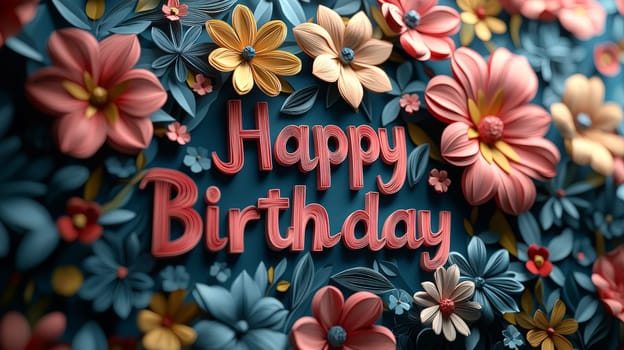A charming 3D "Happy Birthday"" design featuring vibrant, delicate papercut flowers in powerful hues. The playful combination of bold text and intricate floral elements creates a joyful, whimsical atmosphere perfect for celebrating a special day. This design is filled with festive energy and a lively, artistic flair."