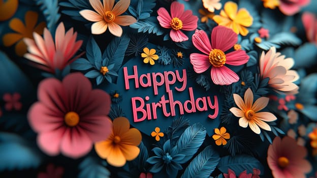 A charming 3D "Happy Birthday"" design featuring vibrant, delicate papercut flowers in powerful hues. The playful combination of bold text and intricate floral elements creates a joyful, whimsical atmosphere perfect for celebrating a special day. This design is filled with festive energy and a lively, artistic flair."