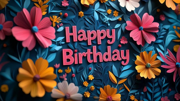 A charming 3D "Happy Birthday"" design featuring vibrant, delicate papercut flowers in powerful hues. The playful combination of bold text and intricate floral elements creates a joyful, whimsical atmosphere perfect for celebrating a special day. This design is filled with festive energy and a lively, artistic flair."