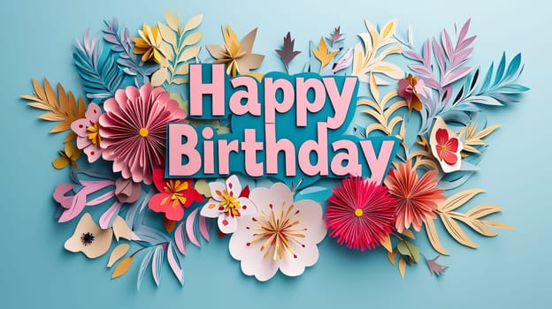 A charming 3D "Happy Birthday"" design featuring vibrant, delicate papercut flowers in powerful hues. The playful combination of bold text and intricate floral elements creates a joyful, whimsical atmosphere perfect for celebrating a special day. This design is filled with festive energy and a lively, artistic flair."