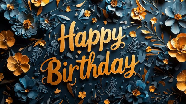 A stunning 3D "Happy Birthday"" design featuring delicate papercut flowers in luxurious gold and bold black. The vibrant text paired with intricate floral elements creates a whimsical and joyful expression, perfect for celebrating a special occasion with a touch of elegance and sophistication."
