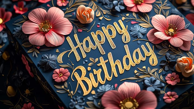 A stunning 3D "Happy Birthday"" design featuring delicate papercut flowers in luxurious gold and bold black. The vibrant text paired with intricate floral elements creates a whimsical and joyful expression, perfect for celebrating a special occasion with a touch of elegance and sophistication."