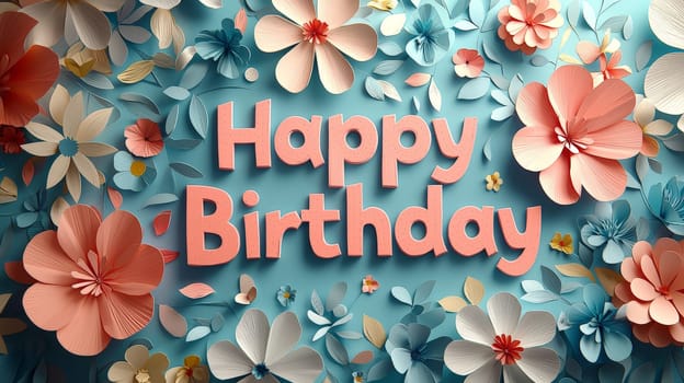 A charming 3D "Happy Birthday"" design featuring vibrant, delicate papercut flowers in powerful hues. The playful combination of bold text and intricate floral elements creates a joyful, whimsical atmosphere perfect for celebrating a special day. This design is filled with festive energy and a lively, artistic flair."