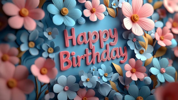 A charming 3D "Happy Birthday"" design featuring vibrant, delicate papercut flowers in powerful hues. The playful combination of bold text and intricate floral elements creates a joyful, whimsical atmosphere perfect for celebrating a special day. This design is filled with festive energy and a lively, artistic flair."