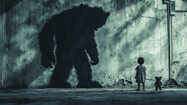 This evocative image shows a little boy holding his teddy bear, with a large, menacing shadow looming behind him, resembling a monster. The contrast between the innocence of the child and the ominous shadow highlights the universal theme of childhood fears and the courage to face them. The soft lighting and strong visual symbolism create a powerful narrative of vulnerability and inner strength.