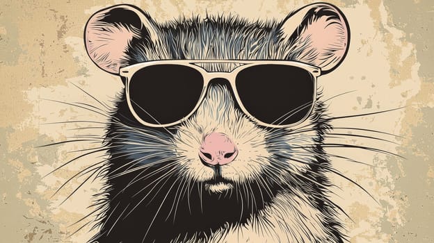 A playful stencil portrait of a cute rat wearing sunglasses, designed in a bold and simple pop art style. The front view and minimalistic lines emphasize the quirky personality of the rat, blending elements of art deco and contemporary design. The image radiates charm and creativity, making it a fun and stylish representation.
