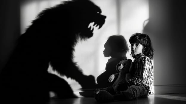 This evocative image shows a little boy holding his teddy bear, with a large, menacing shadow looming behind him, resembling a monster. The contrast between the innocence of the child and the ominous shadow highlights the universal theme of childhood fears and the courage to face them. The soft lighting and strong visual symbolism create a powerful narrative of vulnerability and inner strength.