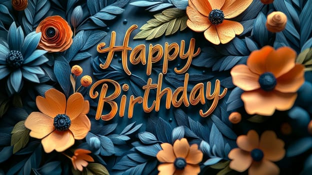 A stunning 3D "Happy Birthday"" design featuring delicate papercut flowers in luxurious gold and bold black. The vibrant text paired with intricate floral elements creates a whimsical and joyful expression, perfect for celebrating a special occasion with a touch of elegance and sophistication."