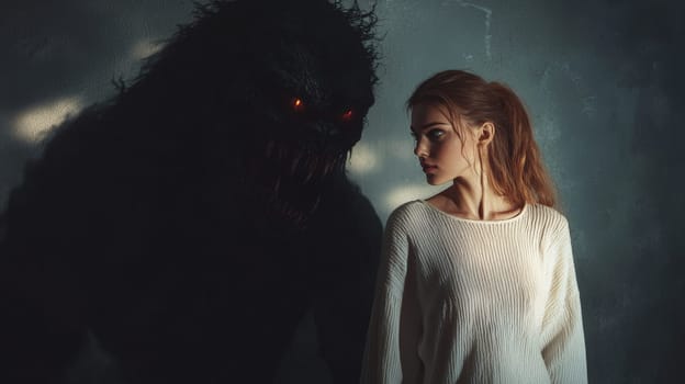 A striking image of a young woman standing with a large, ominous shadow behind her, shaped like a monstrous figure. The visual contrast between the calm demeanor of the woman and the looming, exaggerated shadow symbolizes the internal fears and anxieties that can feel overwhelming. The artistic composition highlights the struggle between strength and vulnerability.