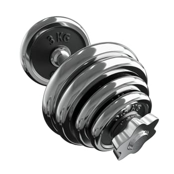 Cast Iron Chrome Adjustable Dumbbell, weightlifting gym equipment, wide angle view, isolated on white background. 3D illustration